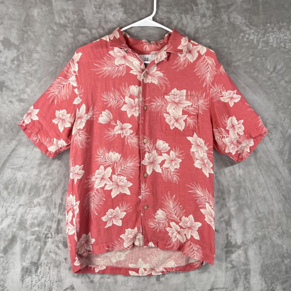 28 Palms Men’s Small Hawaiian Shirt Coral Floral Silk Linen Blend Button Up